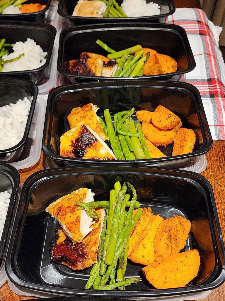 Whole-food meal prep — chicken, asparagus, sweet potato and rice